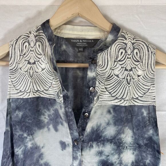 Anthropologie Varun & Nidhika Grey Watercolor Print Asymmetrical Dress Sz XXS - Picture 5 of 8